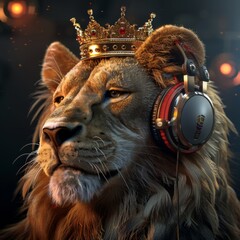 portrait image of a lion working as DJ. just a casual day at work. 