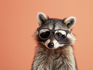 Hipster Raccoon, Urban Coolness, A whimsical portrayal of a raccoon with stylish sunglasses against a soft peach backdrop, embodying urban chic and playful charm.