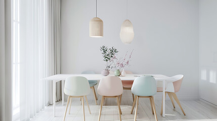 Fototapeta na wymiar Scandinavian-inspired dining room with a white dining table, pastel-colored dining chairs, and a sleek pendant light with wooden accents