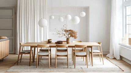 Scandinavian-inspired dining room with a white oak dining table, Scandinavian-style chairs, and a cluster of modern globe pendant lights - obrazy, fototapety, plakaty