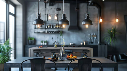 Urban industrial dining room with a concrete dining table, metal dining chairs, and a trio of industrial pendant lights hanging from a pipe fixture