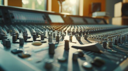Sound mixer. Modern Music Record Studio Control Desk. Studio for recording music and sound in natural lights.  - obrazy, fototapety, plakaty