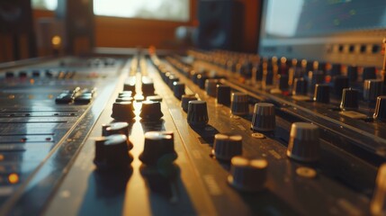 Obraz premium Sound mixer. Modern Music Record Studio Control Desk. Studio for recording music and sound in natural lights. 
