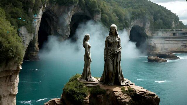 A scene of natural beauty, A statue of a woman on a cliff, silently watching the never-ending flow of the river. Seamless looping 4k time-lapse animation video background