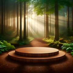 3D realistic round podium on forest background. Empty pedestal for the presentation. Poster for cosmetic products. 3D render