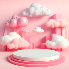 3D realistic round pink podium on pink background. Empty pedestal for the presentation. Poster for cosmetic products. 3D render