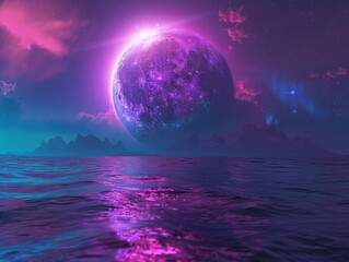 cinematic scene of a purple moon. 