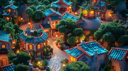 miniature village scene. Blue night and a center winding road in village