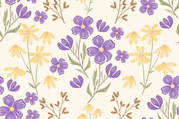 Vintage Floral pattern seamless wallpaper minimal flower motifs  background embroidery texture. Ethnic Ikat pattern paisley design. Ditsy vector illustration hand drawn Silhouette branch leaves .