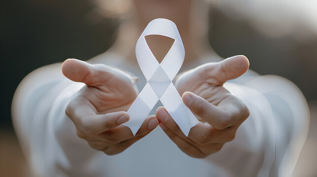 White or light pearl color ribbon for raising awareness on Lung cancer, Bone cancer, Multiple Sclerosis, generative ai 