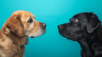 Two contrasting dogs in black and brown coloration on a vibrant turquoise background, one looking up and the other looking down