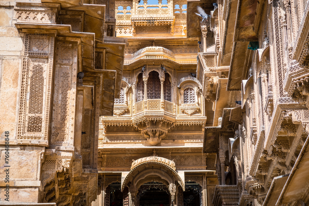 Poster architecture of traditional haveli house in jaisalmer, india