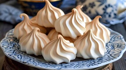 Professional food photography of delicate meringue cookies beautifully arranged on a kitchen table