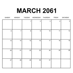 march 2061. monthly calendar design. week starts on sunday. printable, simple, and clean vector design isolated on white background.