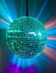Tr&ocirc;nant au-dessus de la piste de danse, la boule &agrave; facette turquoise diffuse une lumi&egrave;re &eacute;clatante et rafra&icirc;chissante