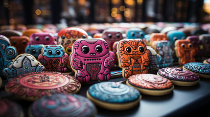 Fototapeta na wymiar Cute colorful glazed сraft cookies that depict playful and creative extraterrestrial charactersю