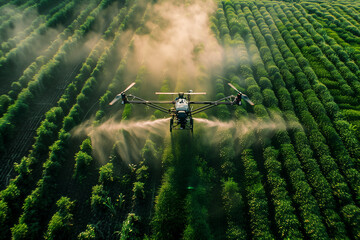 Modern technologies in agriculture. industrial drone flies over a green field and sprays useful pesticides to increase productivity and destroys harmful insects. increase productivity
