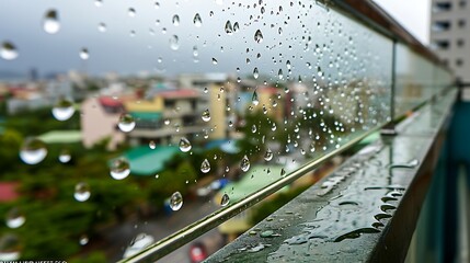 Distorted Elegance: Raindrops on a Glass Balcony Railing
