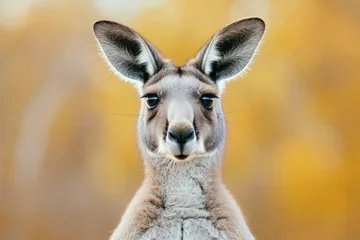 Fototapeten Closeup of a kangaroo in front of vibrant yellow trees in natural setting © VICHIZH