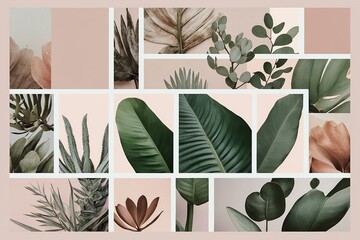Collage of different flowers and plants in retro style and pastel colors.