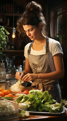 A woman cooking a gourmet meal in the home kitchen.