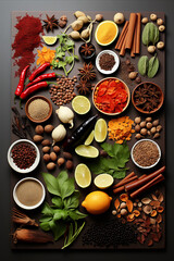 Obraz na płótnie Canvas Spices and Flavors of the World: Exotic and aromatic spices. Flat lay, top view.