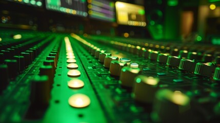 Sound mixer. Modern Music Record Studio Control Desk. Studio for recording music and sound in green colors. 