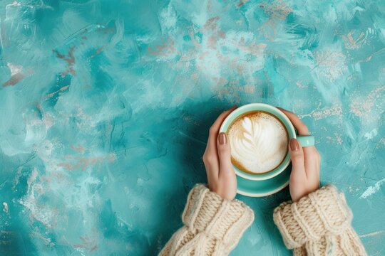 Female hands holding a cup of coffee with foam on blue background. Top view of a table in a cafe