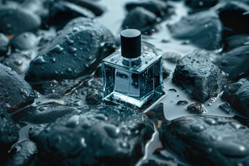 Modern glass men perfume bottle among black rocks in the rain, fragrance and perfumery - obrazy, fototapety, plakaty