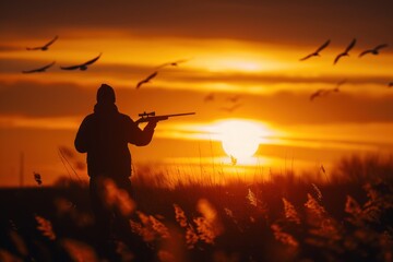 Fototapeta na wymiar Silhouette of a man with a gun hunting with flying ducks sun set