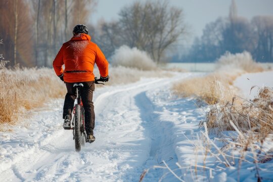 Winter cycling, a man riding a bicycle in snow, action