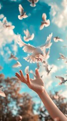 several doves flying away.  - obrazy, fototapety, plakaty