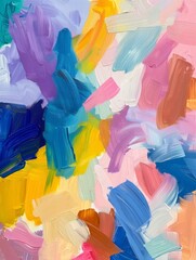 Close-up view of a multicolored painting, displaying a diverse range of colors and intricate brushstrokes