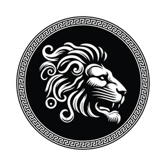 Circular design with lion head sketch art with the royal crown for stamps, logo, tattoos, and printing	