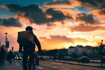 A fast food delivery man with a big square bag on his back, moving by bicycle in the city with a sunset and clouds in the sky