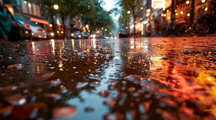 Urban Symphony: Rain-Soaked Streets of a Small Town Alive with Reflections
