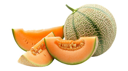Green cantaloupe melon with cut slice on transparent background