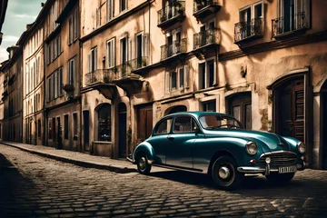 Foto auf Acrylglas Retro car parked in old European city street © Muhammad