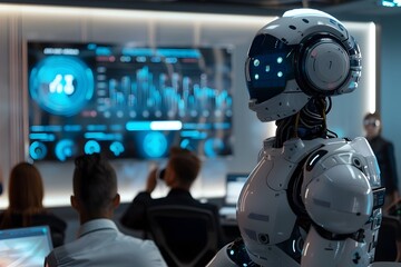 ESG Data Visualization Meeting Led by Innovative Robot in Futuristic Office Space