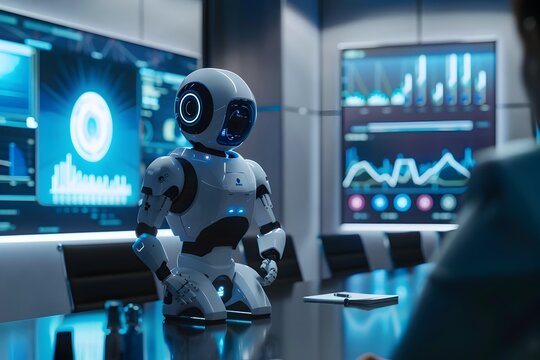 Robot Utilizing Advanced Technology to Present Data for Business Growth in Futuristic Conference Room