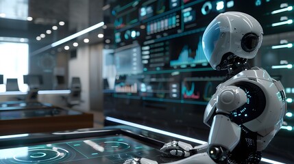 Fototapeta premium Futuristic Robot Integrating Technology in a Modern Office Setting