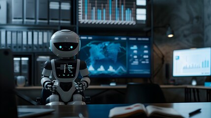 Artificial Intelligence Robot Analyzing Data at Modern Office Desk