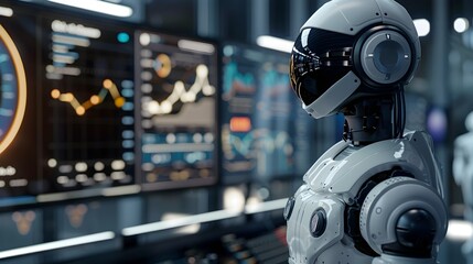 Futuristic Robot Utilizing Machine Learning for Advanced Financial Analysis on Screens