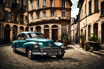 Retro car parked in old European city street