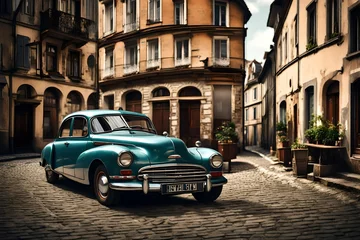 Poster Retro car parked in old European city street © Muhammad