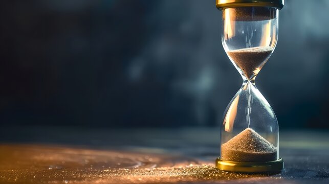 Sand running through the bulbs of an hourglass measuring the passing time in a countdown to a deadline, on a dark background with copy space.