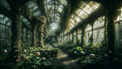Overgrown Conservatory with Eyes Amidst Lush Greenery and Vines - obrazy, fototapety, plakaty