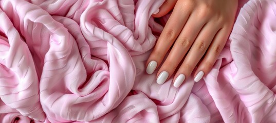 Fototapeta premium Chic close up of an elegant woman s hand adorned with stylish and sophisticated white nail polish