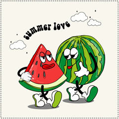 slice watermelon with a watermelon, summer card in retro groovy style rubber hose