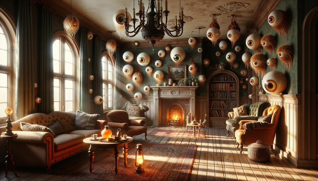 Surreal Victorian Parlor with Floating Eyeball Ornaments and Warm Glow